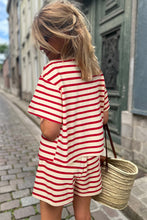 Load image into Gallery viewer, Online Red Stripe Lace-up Front Top and High Waist Shorts Set
