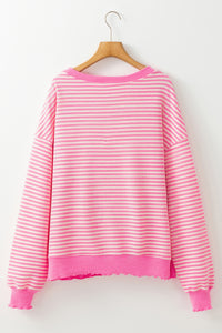 Online Pink Stripe Loose Drop Shoulder Long Sleeve Top