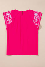 Load image into Gallery viewer, Online Strawberry Pink Floral Embroidered Flutter Sleeve Pleated O Neck Plus Size Blouse
