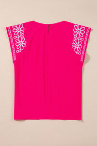 Online Strawberry Pink Floral Embroidered Flutter Sleeve Pleated O Neck Plus Size Blouse