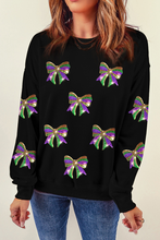 Load image into Gallery viewer, Online Black Sequin Mardi Gras Bow Graphic Drop Shoulder Pullover Sweatshirt
