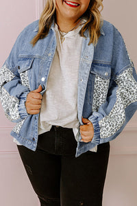 Online Beau Blue Leopard Patchwork Flap Detail Plus Size Denim Jacket