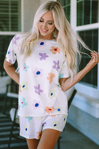 Online Pink Flower Print Short Sleeve High Waist Two Piece Shorts Set