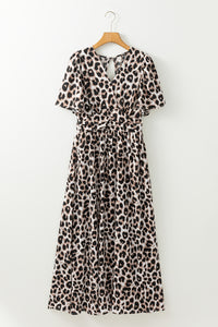 Online Khaki Leopard V Neck Cinched High Waist Open Back Maxi Dress