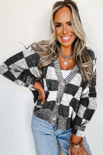 Load image into Gallery viewer, Online Black Checkered Drop Shoulder Buttoned V Neck Cardigan
