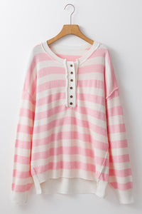 Online Pink Stripe Half Buttons Drop Shoulder Sweater
