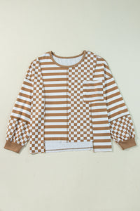 Online Khaki Striped Checkered Mixed Print Chest Pocket Casual Plus Size Top