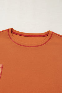 Online Orange Textured Knit Color Block Patchwork Chest Pocket Plus Size Top