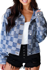 Online Black Checkered Patchwork Button up Denim Jacket