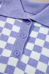 Online Purple Checkered Collared Buttons Plus Size Sweater