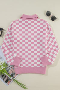 Online Apricot Checkered Buttons Collar V Neck Drop Shoulder Sweater