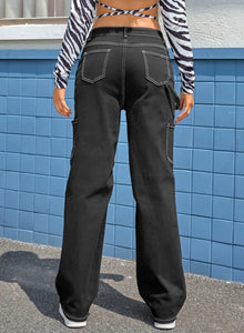 Black High Waist Straight Leg Cargo Pants with Pockets