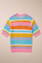 Load image into Gallery viewer, Online Pink Stripe Plus Size Open Knit Patch Pocket Short Sleeve Sweater
