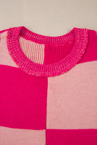 Online Rose Red Mixed Checkered Pattern Drop Shoulder Loose Sweater