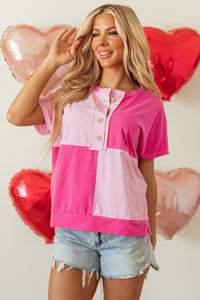 Online Pink Two Tone Half Buttons Collared T Shirt