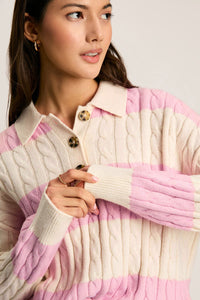 Online Pink Stripe Cable Knit Collared Henley Sweater