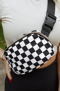 Online White Checkered Print Buckle Wide Belt Crossbody Bag