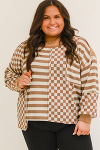 Online Khaki Striped Checkered Mixed Print Chest Pocket Casual Plus Size Top