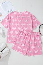 Load image into Gallery viewer, Online Pink Waffle Knit Bowknot Printed V Neck T Shirt and Shorts Set
