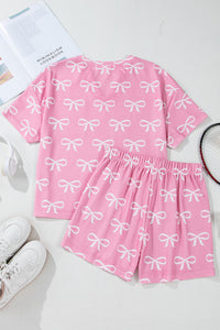 Online Pink Waffle Knit Bowknot Printed V Neck T Shirt and Shorts Set