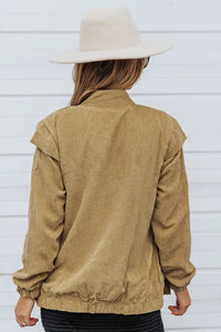 Brown Snaps Stand Neck Long Sleeve Buttoned Corduroy Coat