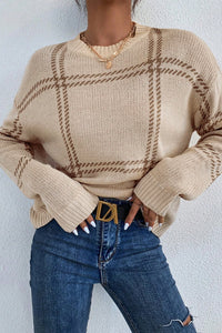 Online Pink Plaid Pattern Knitted Drop Shoulder Sweater