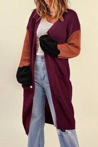 Wine Cotton-blend Pocketed Colorblock Cardigan