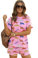 Load image into Gallery viewer, Online Pink Flower Print Short Sleeve High Waist Two Piece Shorts Set
