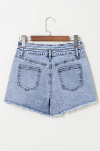 Online Beau Blue Rhinestone Light Wash Raw Hem High Waist Denim Shorts