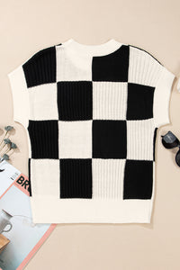 Online Light Blue Checkered Color Block Crew Neck Short Sleeve Sweater