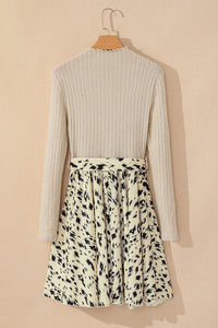 Online Black Ribbed Knit Patchwork Printed Belted A-line Dress