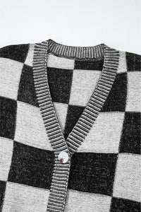 Online Black Checkered Drop Shoulder Buttoned V Neck Cardigan