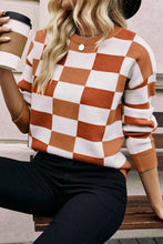 Load image into Gallery viewer, Online Pink Checkered Ribbed Edge O Neck Drop Shoulder Sweater
