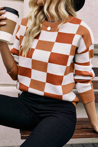 Online Pink Checkered Ribbed Edge O Neck Drop Shoulder Sweater