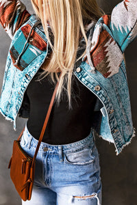 Online Multicolor Aztec Print Frayed Hem Denim Jacket