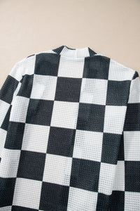 Online Black Checkered Waffle Knit Thumbhole Open Front Cardigan