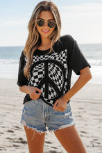 Load image into Gallery viewer, Online Black Checkerboard Peace Sign Printed Round Neck T Shirt
