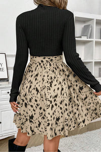 Online Black Ribbed Knit Patchwork Printed Belted A-line Dress