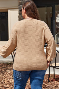 Online Light French Beige Solid Checkered Textured Knit Plus Size Sweater