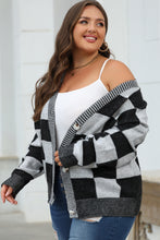 Load image into Gallery viewer, Online Black Checkered Drop Shoulder Buttoned V Neck Cardigan
