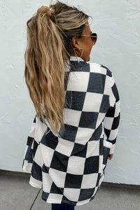 Online Black Checkered Waffle Knit Thumbhole Open Front Cardigan