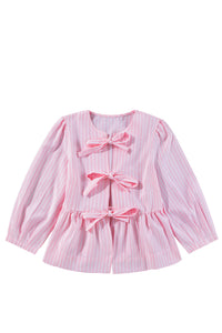 Online Pink Stripe Bowknot Front Crew Neck Puff Sleeve Blouse