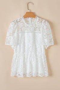 Online White Short Sleeve Scalloped Floral Lace Peplum Blouse