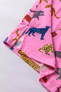 Online Pink Cheetah Print Short Sleeve Shirt and Pants Lounge Set