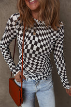 Load image into Gallery viewer, Online Khaki Checkered Pattern Mesh Mock Neck Long Sleeve Top
