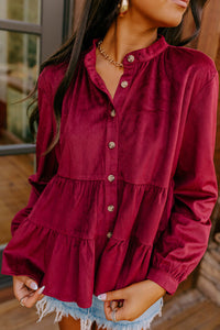 Online Burgundy Corduroy Ruffle Tiered Buttoned O Neck Shirt