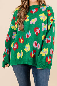 Online Green Plus Size Floral Knitted Ribbed Edge Drop Shoulder Sweater