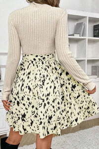 Online Black Ribbed Knit Patchwork Printed Belted A-line Dress