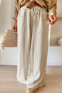 Online Khaki Stripe Plus Size Drawstring High Waist Wide Leg Pants