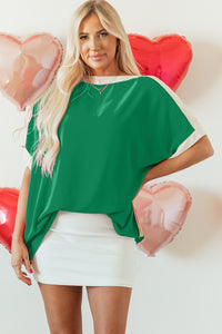 Online Rose Red Oversized Color Block Boat Neck Tunic Blouse
